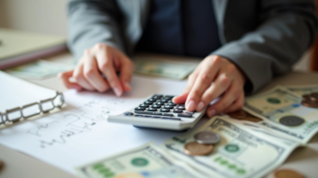 Personne utilisant une calculatrice avec des billets et pièces disposés sur la table