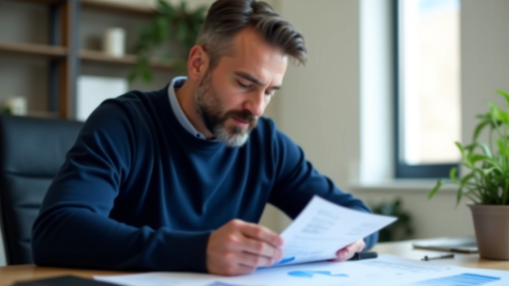 Homme regardant un graphique sur un écran, documents financiers sur la table, concentration