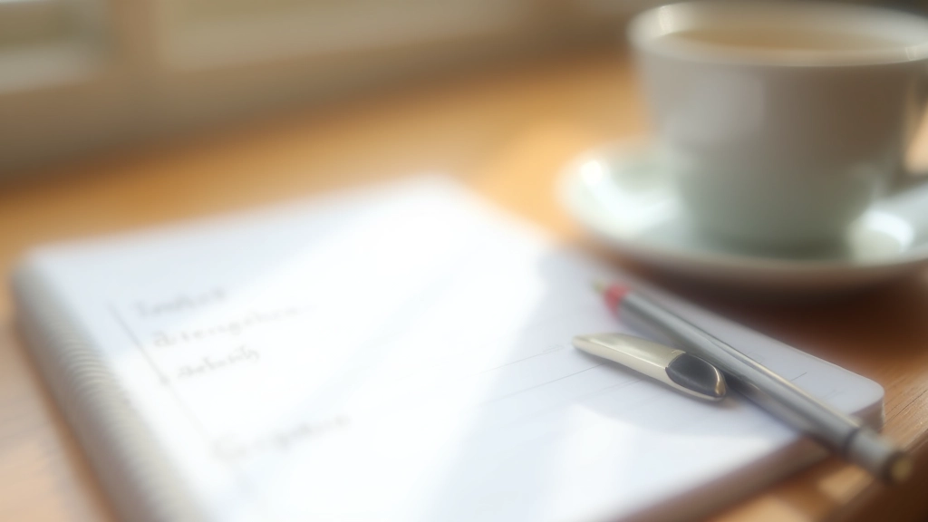 Personne écrivant une liste de priorités dans un carnet avec café, environnement calme et structuré