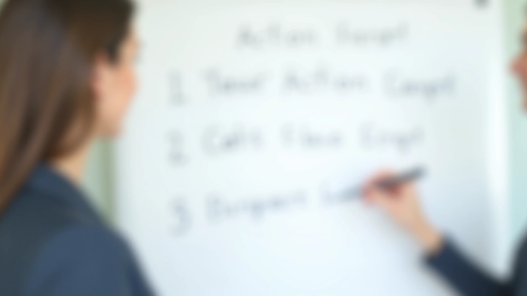 Plan d'action financier écrit sur un tableau blanc, trois étapes principales, environnement de travail