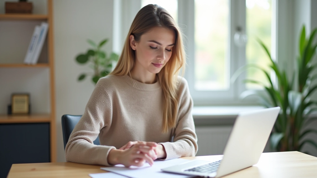 Femme assise à un bureau avec ordinateur portable et documents financiers, feuille de calcul visible à l'écran